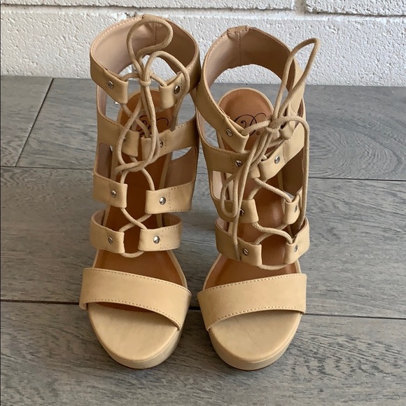 Beige Open Toe Strappy Lace Up Platform Heel - Picture 5 of 8